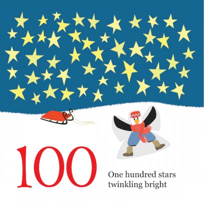 123 Gulls page showing one seagull under a sky of 100 twinkling stars counting in a snowy winter scene.