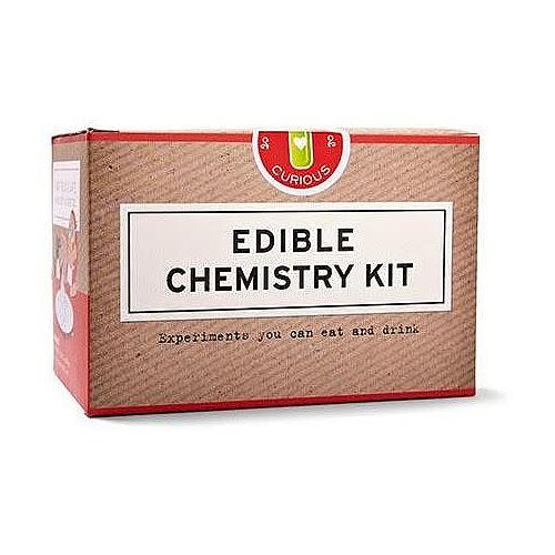 Edible Chemistry Kit box with text "Experiments you can eat and drink" on a red and brown packaging.