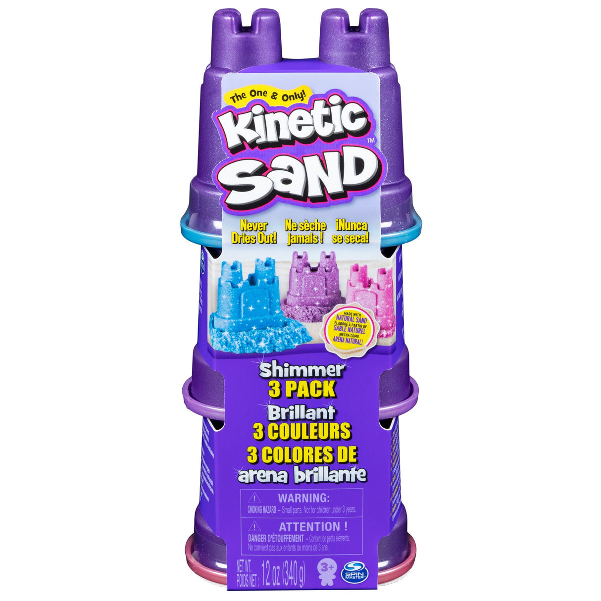 Kinetic Sand Shimmer Pack with three pastel shimmer colors in castle-shaped containers for creative play.