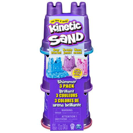 Kinetic Sand Shimmer Pack with three pastel shimmer colors in castle-shaped containers for creative play.