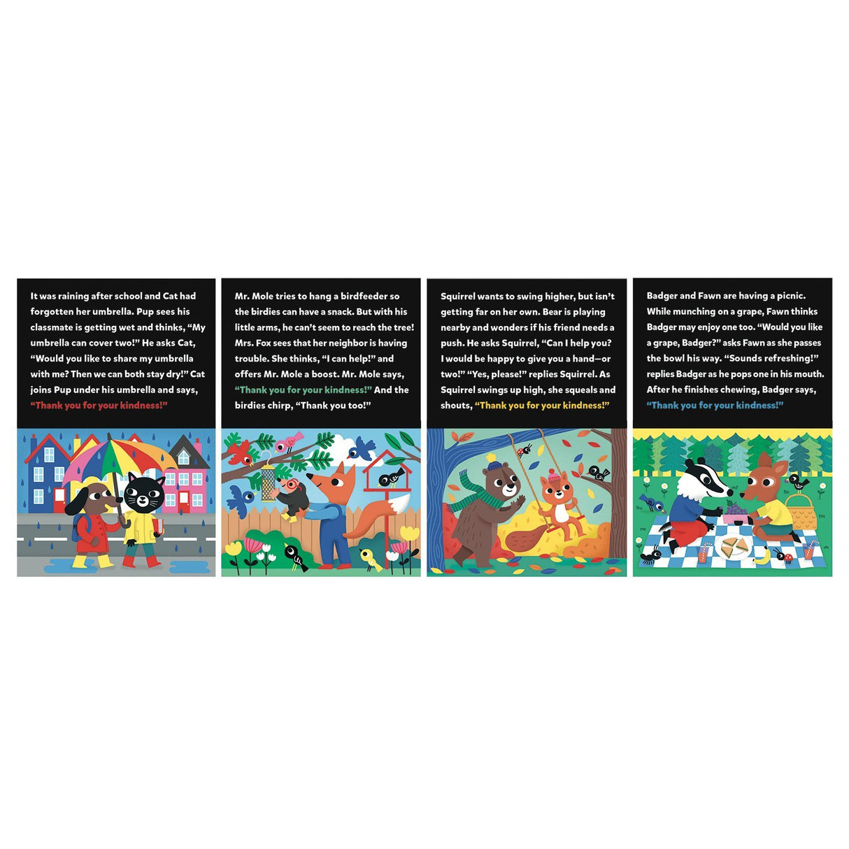 4-12pc Kindness Progressive Puzzles with 4 colorful scenes of animals showing acts of kindness for ages 2-5.