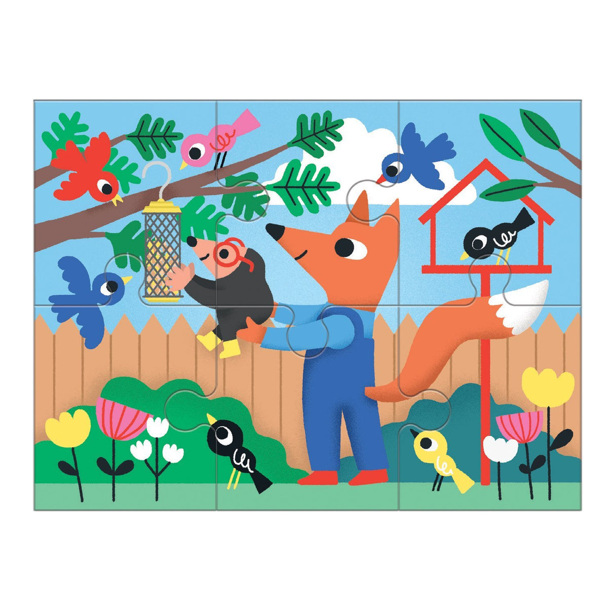 4-12pc Kindness Progressive Puzzles showing a fox and bird feeding other colorful birds in a garden scene.