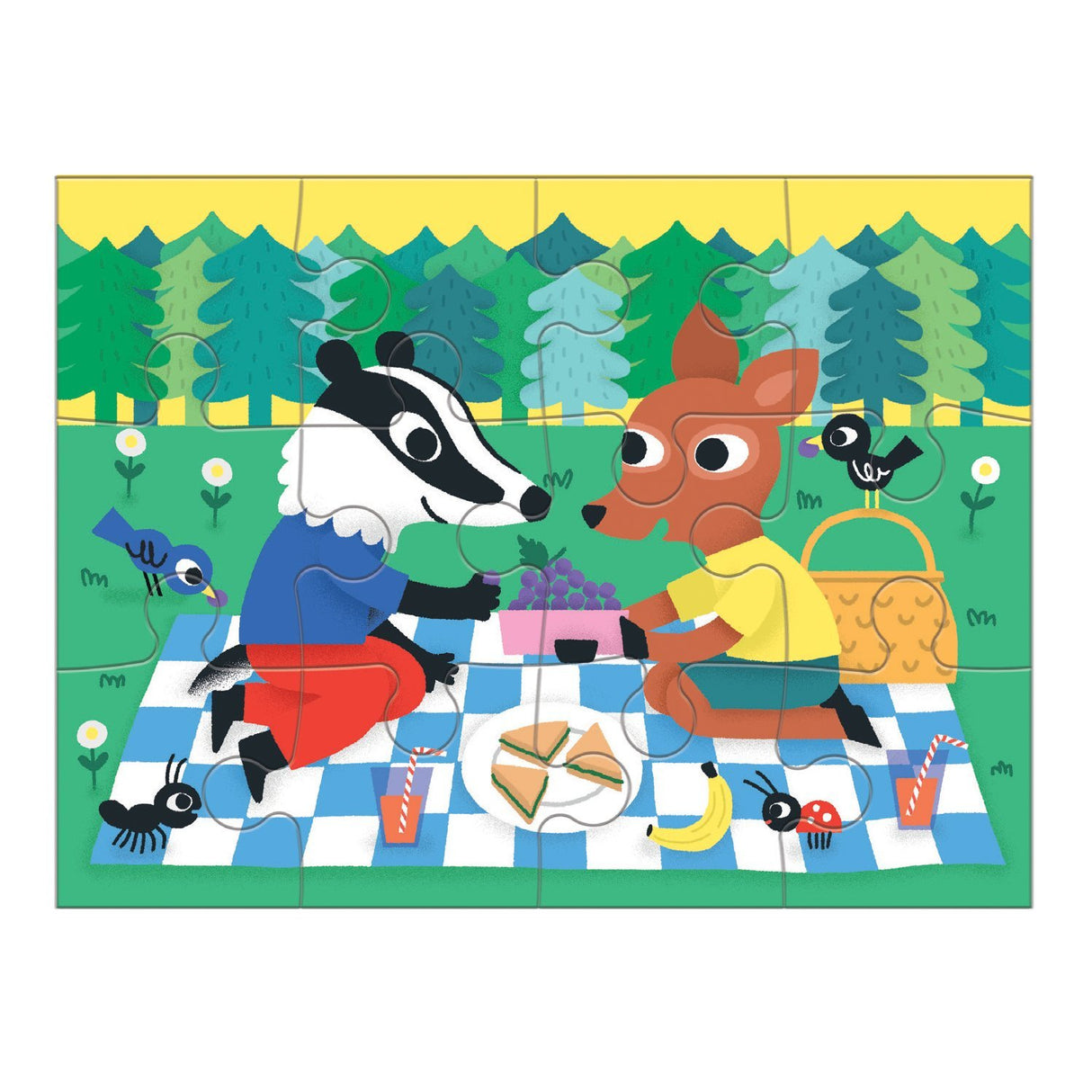 4-12pc Kindness Progressive Puzzles showing animals sharing food on a picnic blanket in a forest setting.