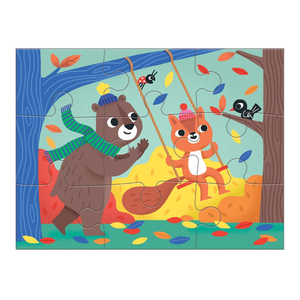 4-12pc Kindness Progressive Puzzles featuring a bear pushing a squirrel on a swing in a colorful autumn scene.