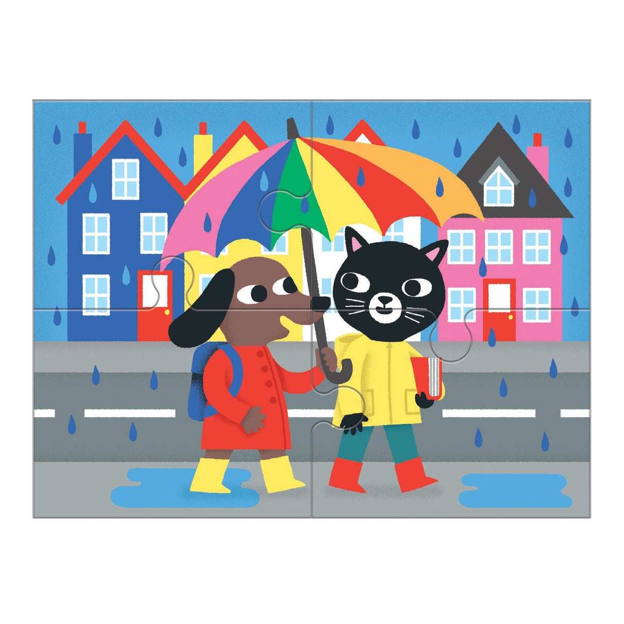 4-12pc Kindness Progressive Puzzles showing a dog and cat sharing an umbrella on a rainy street with colorful houses