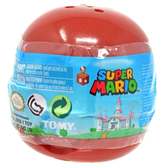 Super Mario Buildable Figure red mystery capsule by Tomy featuring Nintendo characters with display stand, unopened packaging.