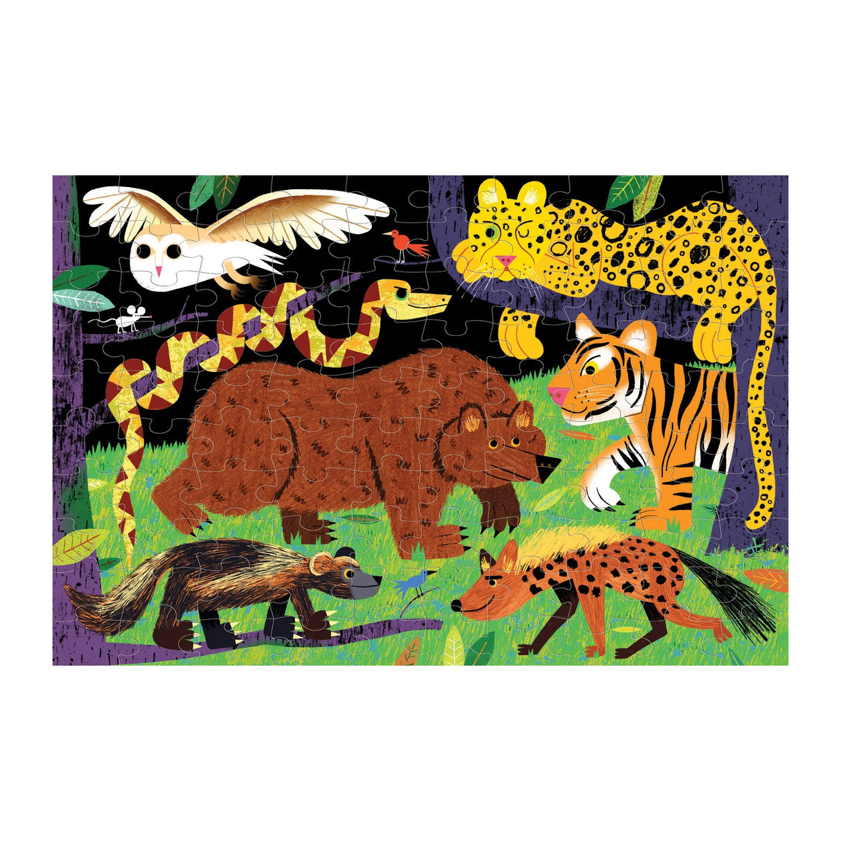 100pc Glow-in-the-Dark Land Predators Puzzle featuring colorful wild animals in a vibrant forest scene.