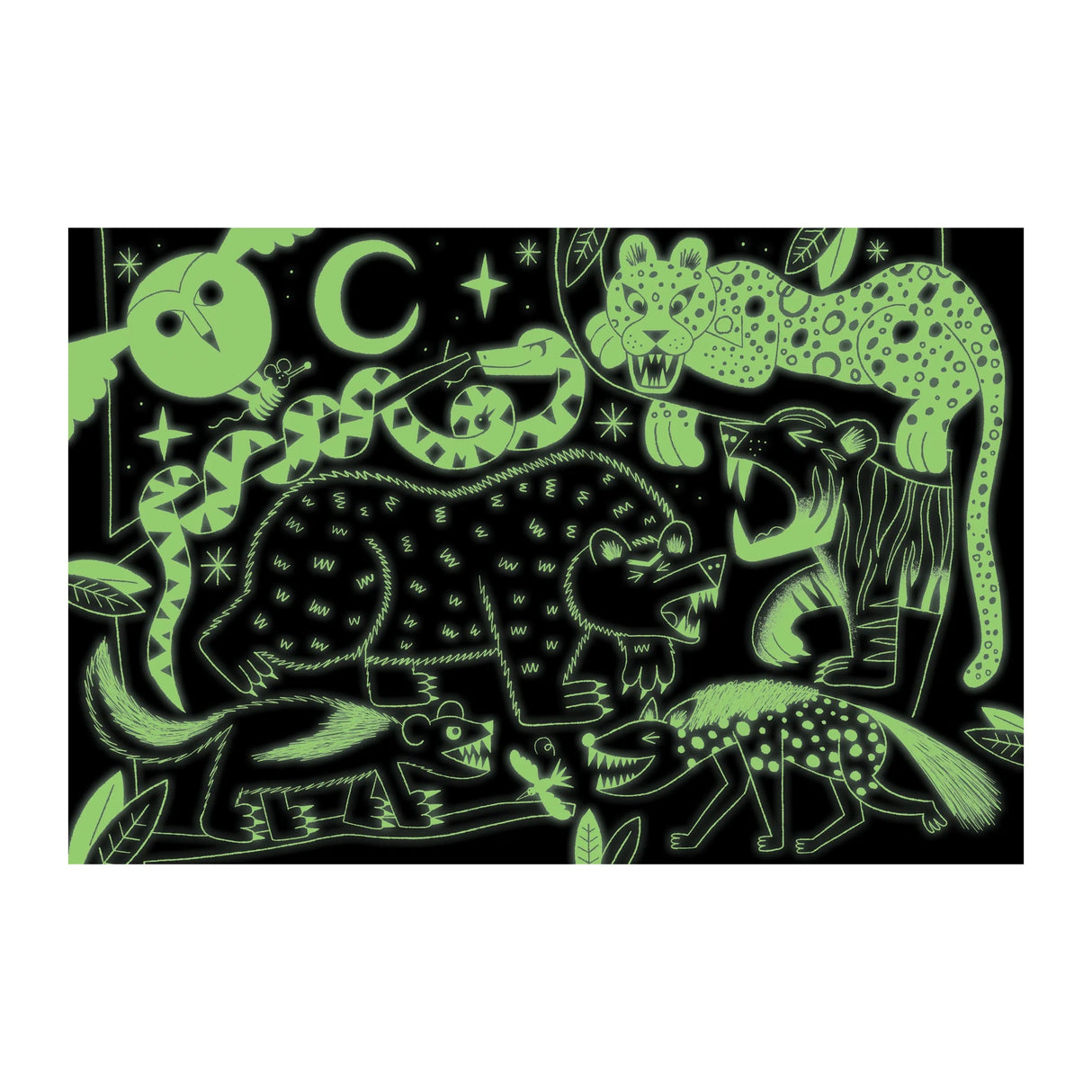 100pc Glow-in-the-Dark Land Predators Puzzle showing glowing wild animals like leopard, bear, snake, and fox in a night scene.