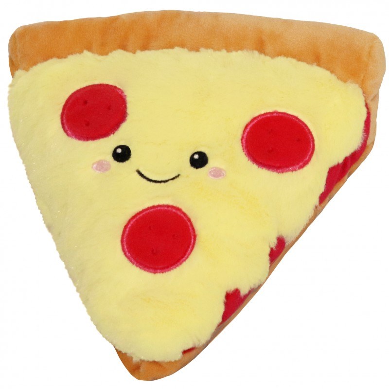 Pizza Snackers plush toy shaped like a slice of pizza with smiling face and red pepperoni details.