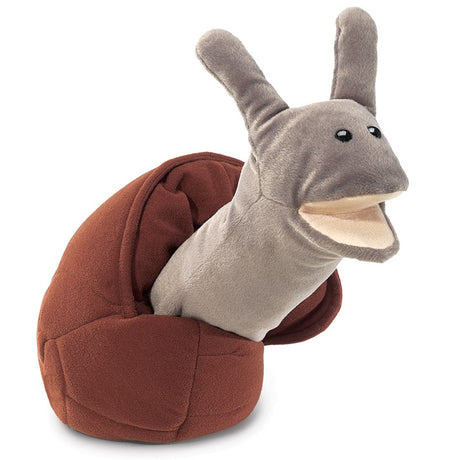 Soft and cuddly Snail Puppet with expressive horns and mouth, able to retract into its shell, 10 inches tall.