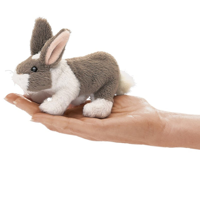 Bunny Rabbit Finger Puppet shown on a hand, soft two-toned plush toy perfect for children ages 3 and up.