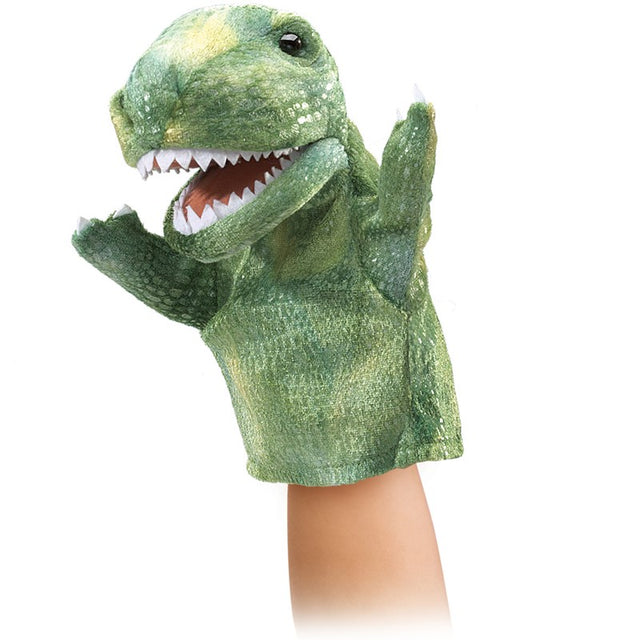 T-Rex Little Hand Puppet with moveable mouth and arms, textured green fabric, perfect for imaginative dinosaur play.