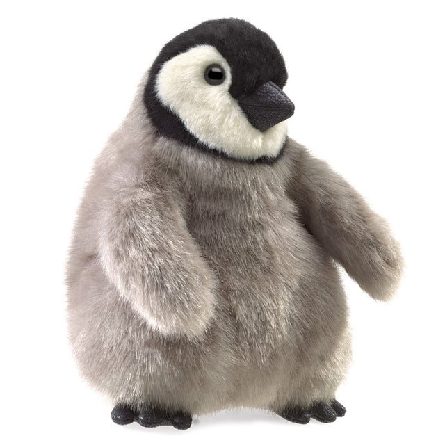 Emperor Penguin Baby Puppet with soft plush fur, movable head and wings, perfect for kids aged 3 and up.