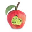 Worm in Apple Finger Puppet showing a green worm peeking out of a soft red apple with leaf and stem.