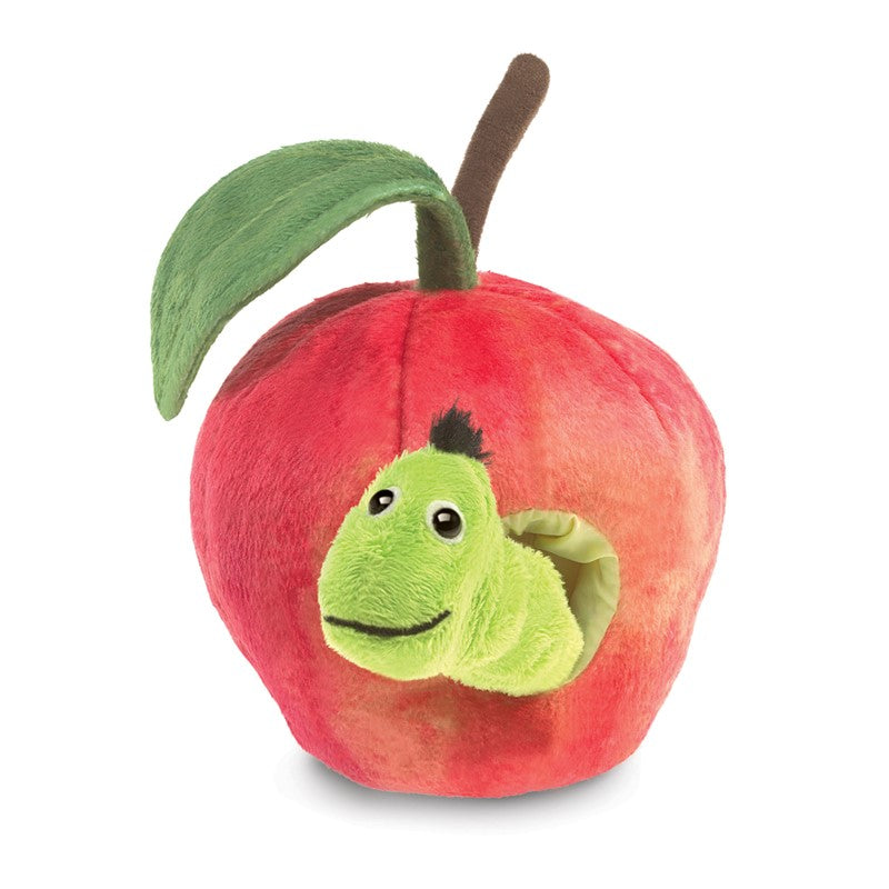 Worm in Apple Finger Puppet showing a green worm peeking out of a soft red apple with leaf and stem.