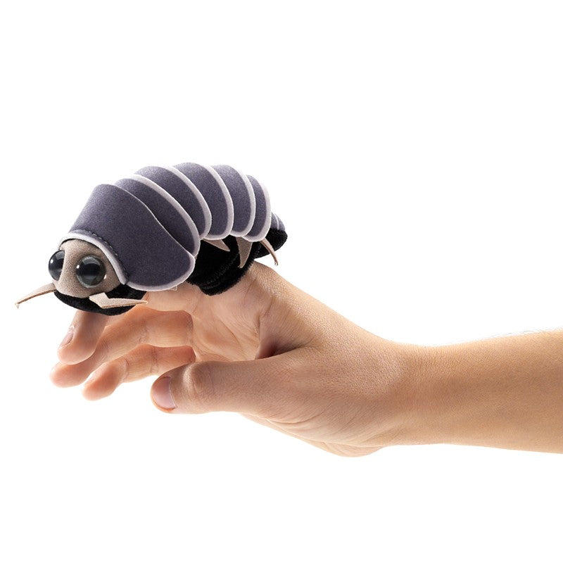 Roly Poly Bug Finger Puppet on hand with big eyes and movable exoskeleton plates, fun insect toy for kids aged 3 and up.