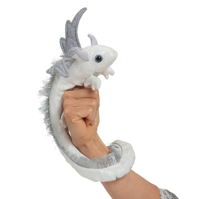 Dragon Wristlet Pearl Puppet shown on hand with silver wings and a magnetic tail wrap for cosplay and play.