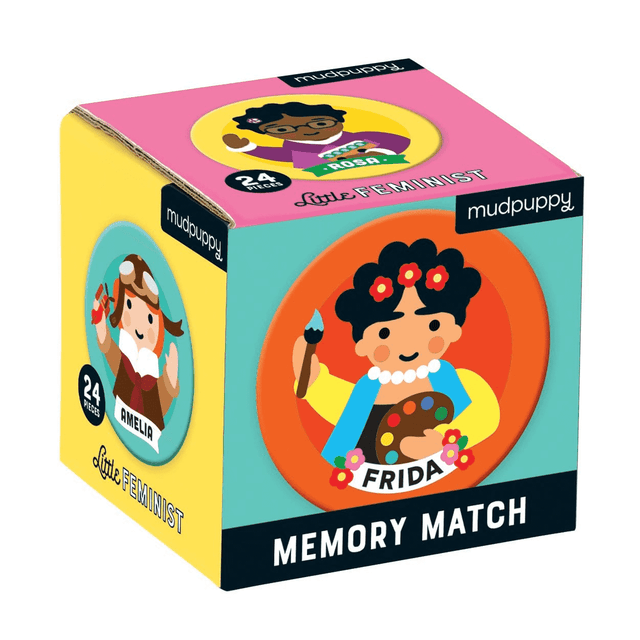 Mini Matching Little Feminist memory match game box featuring illustrated portraits of inspiring women like Frida and Amelia.