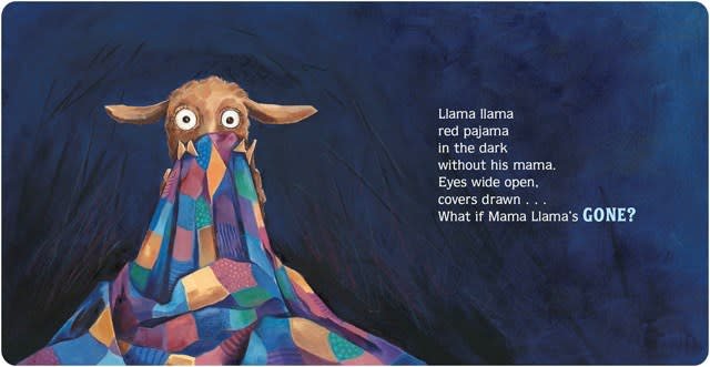 Llama Llama Red Pajama shows worried Baby Llama in dark holding colorful quilt, missing Mama in a comforting bedtime scene.