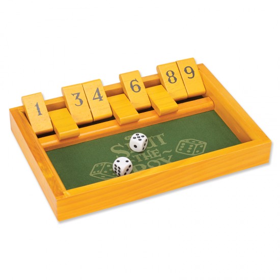 Shut the Box game with wooden numbered tiles and dice on a green playing surface in a wooden frame.