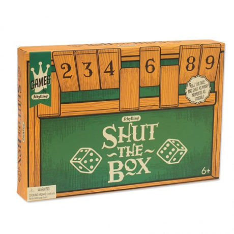 Shut the Box game box with wooden design, dice illustrations, and numbers 2 to 9, for ages 6 and up.