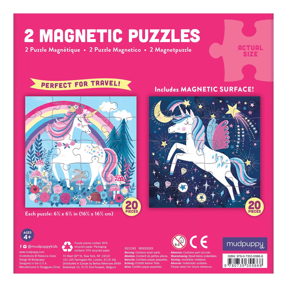 20pc Magical Unicorn Magnetic Puzzle with two 20-piece unicorn puzzles in a portable magnetized tri-fold case for kids ages 4-7.