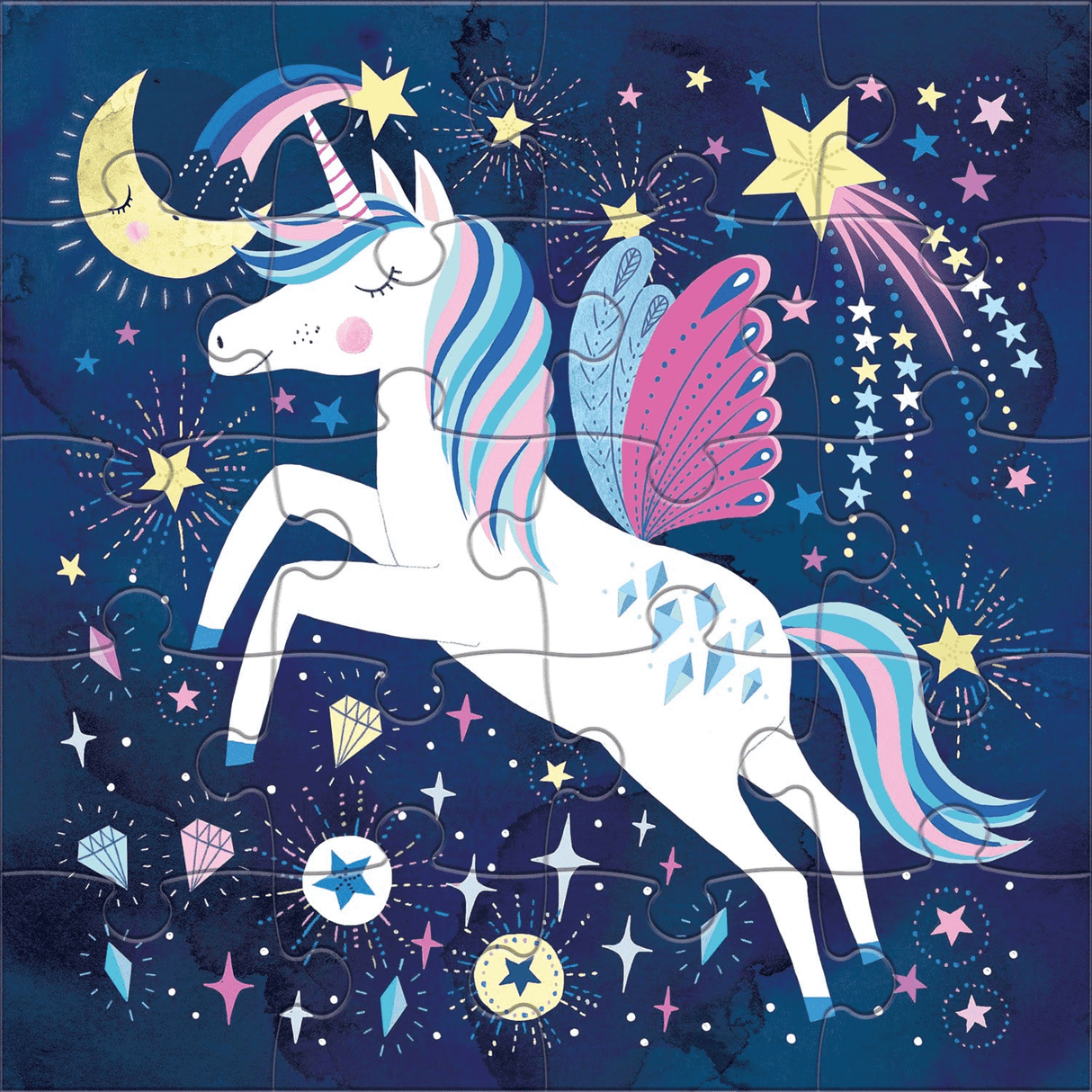 20pc Magical Unicorn Magnetic Puzzle showing a white unicorn with pastel mane, wings, and stars on a dark blue background.
