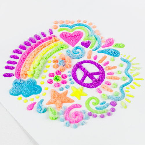 Magic Puffy Pens artwork showing colorful 3D puffy ink designs including rainbow, heart, star, and peace sign.