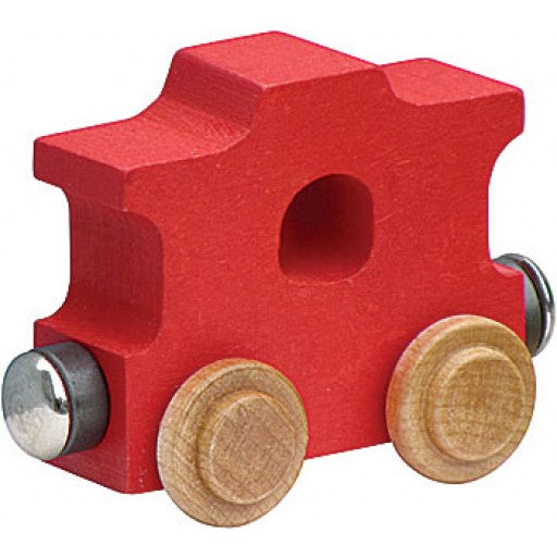 NameTrain Caboose wooden train car in red with natural wheels, made from sustainably-harvested Vermont maple wood.