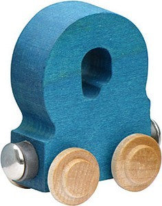 Nametrain Letter Q wooden train car in blue with natural wheels, crafted from sustainably-harvested Vermont maple.