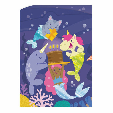 Mermaids TriFold Card featuring colorful mer-animals celebrating with cake and gifts under the sea.