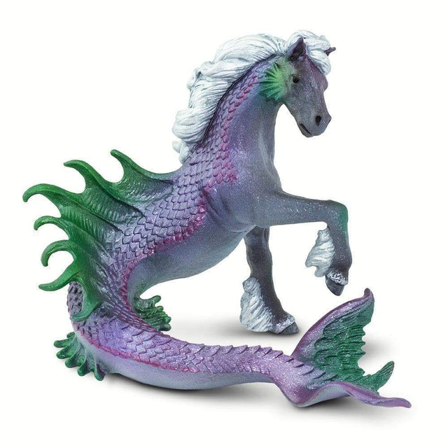 Merhorse figure with horse head, pearlescent purple scales, green fins, and a flowing fish tail in a prancing pose.