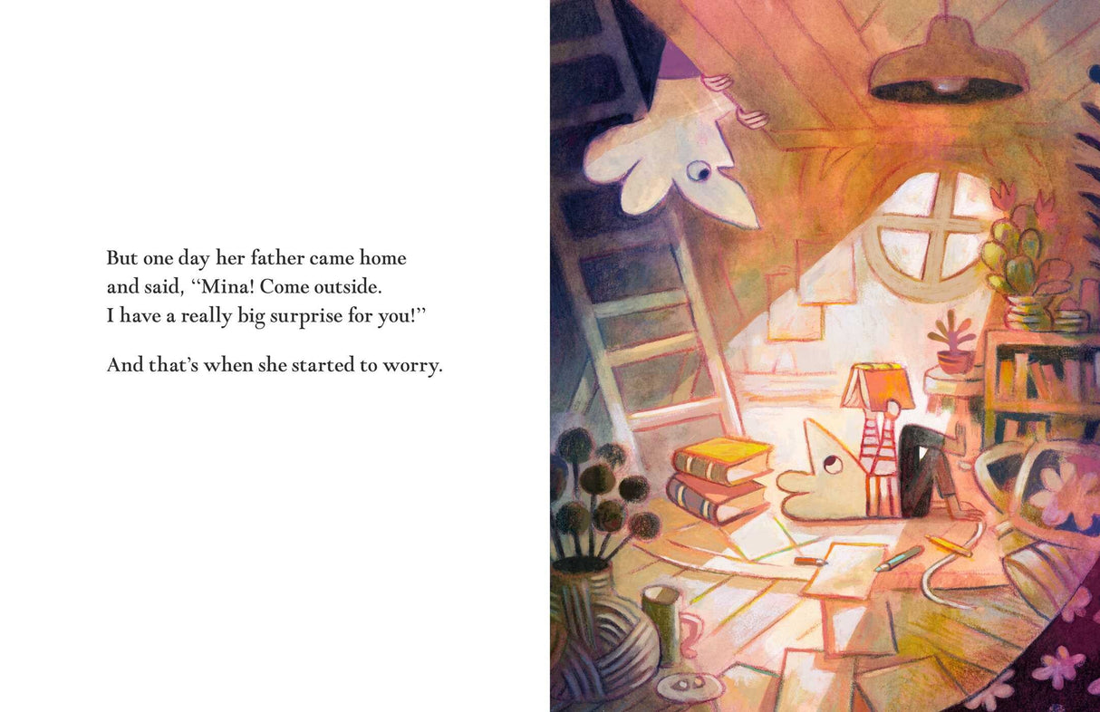 Mina product image shows a cozy tree stump home interior with soft light and playful shadows, capturing a warm, curious mood.