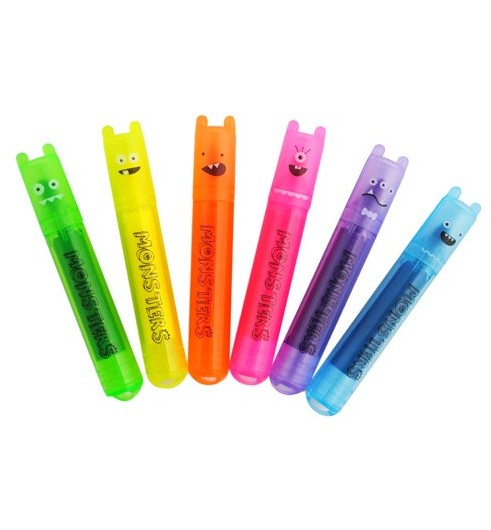 Mini Scented Highlighters | Monster six neon colored markers with playful monster faces in scented bright colors.