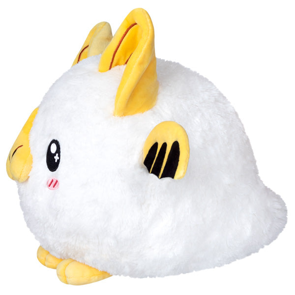 Honduran White Bat Mini plush toy with white fur and yellow ears, soft polyester fiber, measures 9 by 8 by 8 inches.