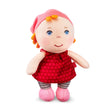 Mini Doll Hertha soft cotton doll with red dress and pink hat, cuddly companion for babies and toddlers, 6 inches tall.
