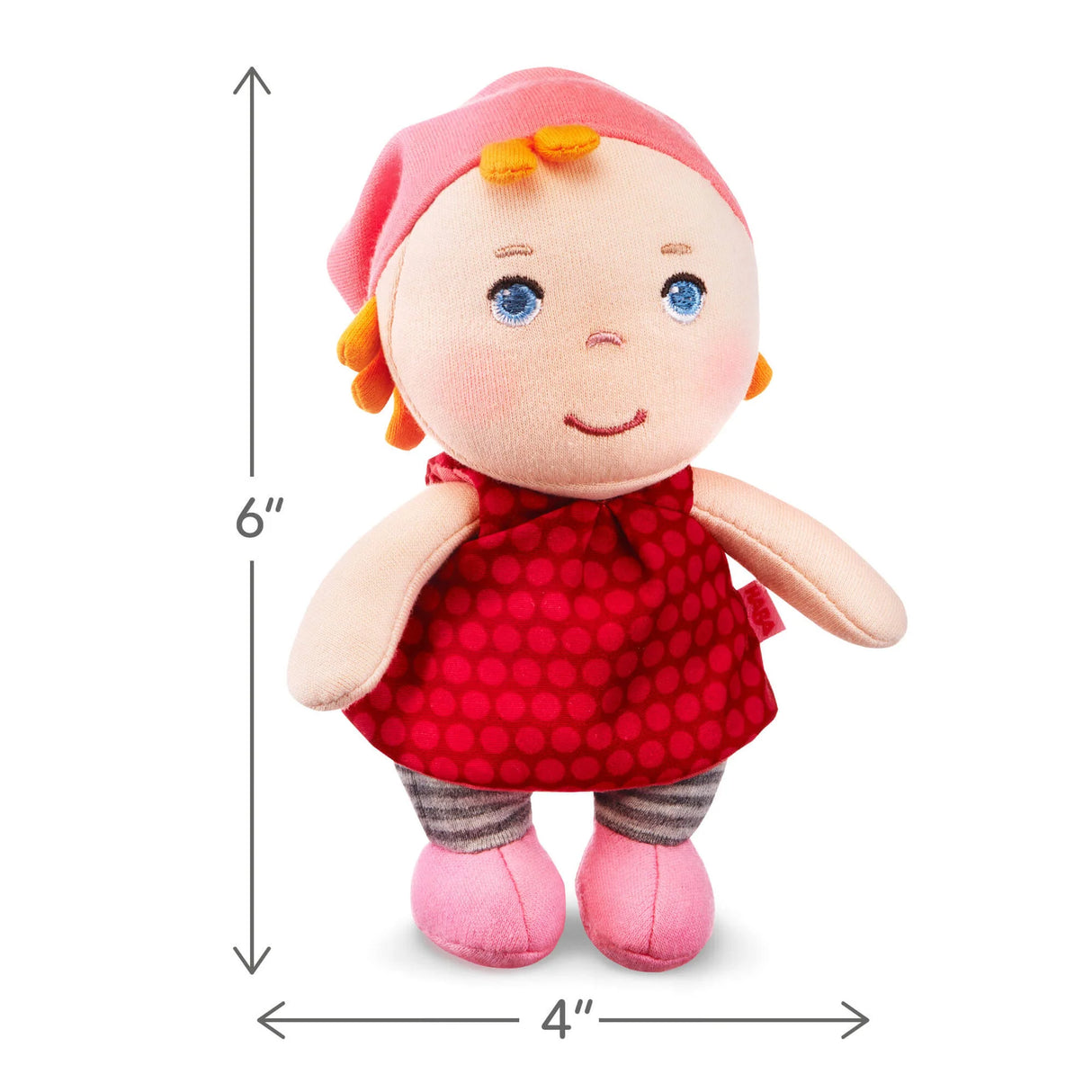 Mini Doll Hertha soft cotton plush doll measuring 6 inches tall, perfect cuddly companion for babies and toddlers.