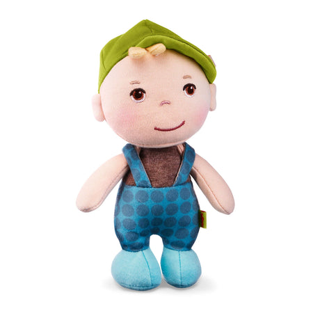 Mini Doll Matteo soft cuddly 6-inch doll in green hat and blue outfit, perfect for babies and toddlers.