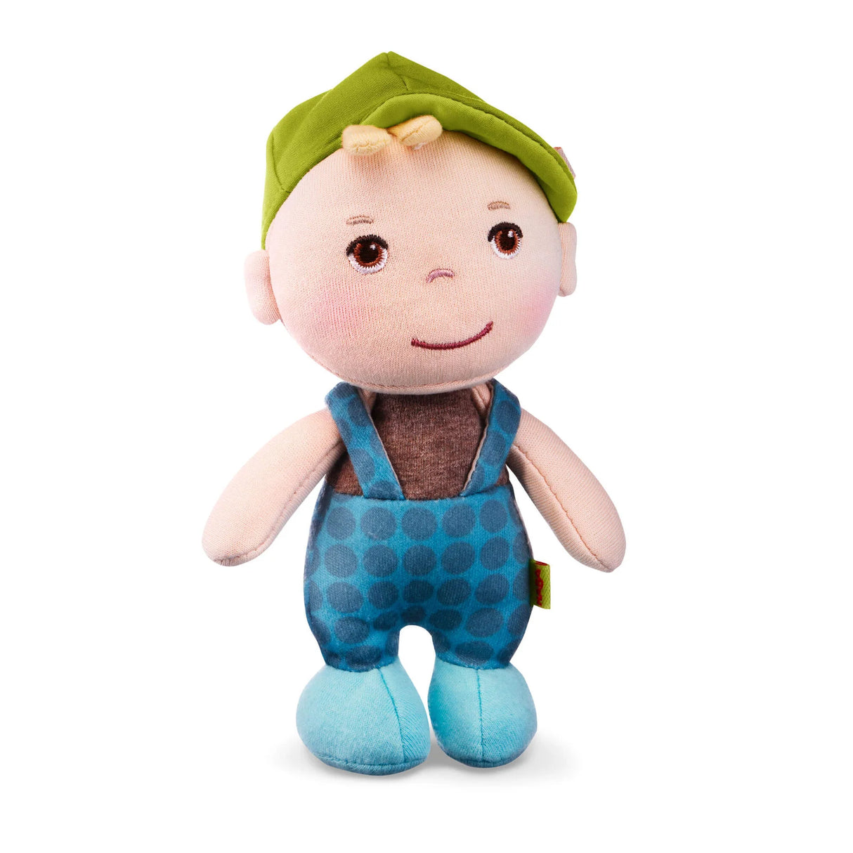 Mini Doll Matteo soft cuddly 6-inch doll in green hat and blue outfit, perfect for babies and toddlers.