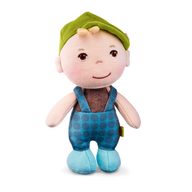 Mini Doll Matteo soft cuddly 6-inch doll in green hat and blue outfit, perfect for babies and toddlers.
