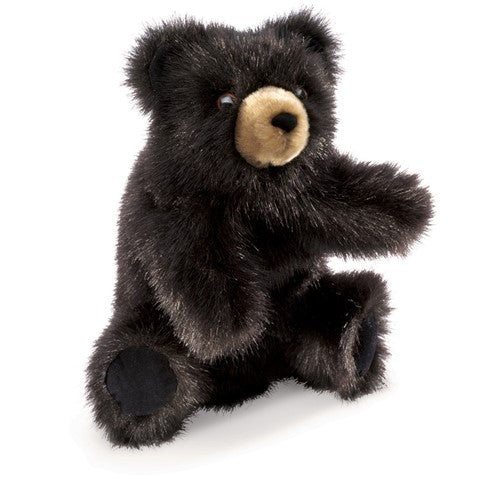 Baby Black Bear Puppet with soft black fur and sweet face, a charming woodland toy for ages 3 and up.
