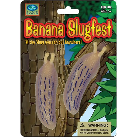 Stretchy Banana Slugs soft, sticky, stretchy toy slugs crawling on a tree, realistic and fun for ages 5 and up.