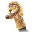 Lion Stage Puppet with movable mouth and paws, soft vintage plush, textured paw-pads, thread whiskers, and molded claws.
