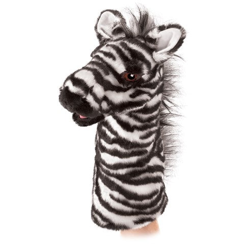 Zebra Stage Puppet with soft plush, leatherette nose, expressive mouth, striped design, and black and white mane, perfect for ages 3+.