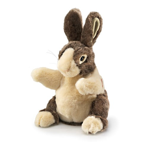 Dutch Rabbit Baby Puppet soft cream and coffee colored lifelike bunny with moveable head and paws for ages 3 and up
