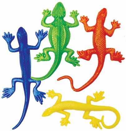 Four colorful stretchy lizards in blue, green, orange, and yellow - Stretchy Lizards toy pack for kids.