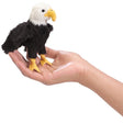 Eagle Finger Puppet shown on a hand, featuring black and white feathers and a yellow beak, perfect for imaginative play.