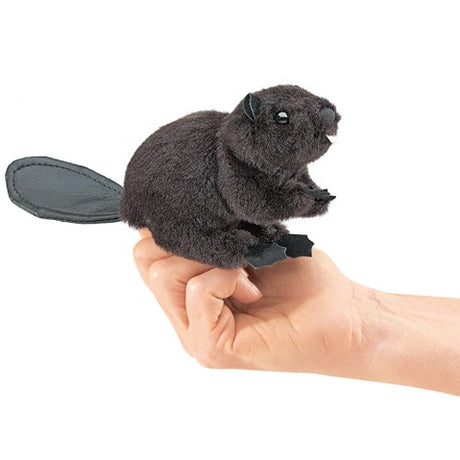 Beaver Finger Puppet shown on hand, mini plush with soft fur, textured flat tail, and detailed front teeth.