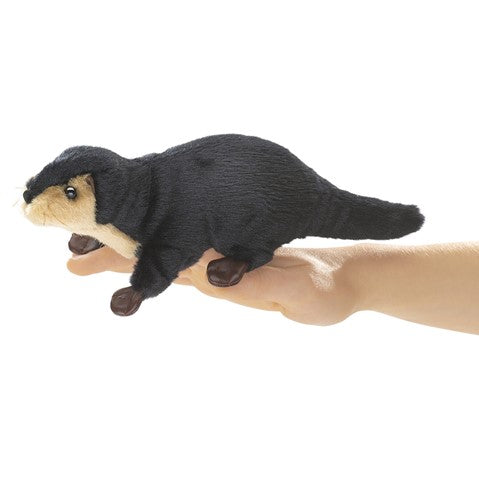 River Otter Finger Puppet on hand, soft, sleek, with tiny details, perfect for ages 3 and up, 10 inches long.
