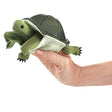 Turtle Finger Puppet plush puppet toy shown on hand with movable head and legs for children ages 3 and up.